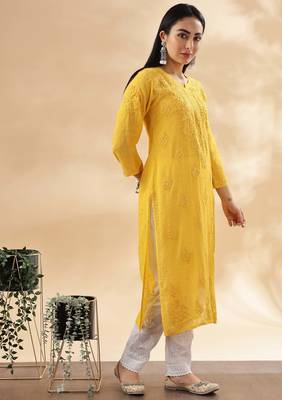 Women   s Mustard Yellow Chikankari Embroidered Kurta | Traditional Ethnic Outfit 4