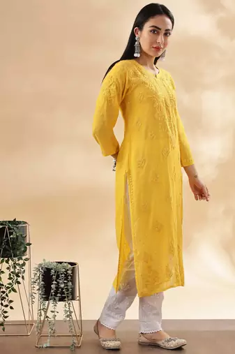 Women’s Mustard Yellow Chikankari Embroidered Kurta | Traditional Ethnic Outfit
