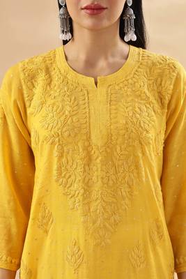 Women   s Mustard Yellow Chikankari Embroidered Kurta | Traditional Ethnic Outfit 5