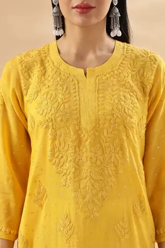 Women’s Mustard Yellow Chikankari Embroidered Kurta | Traditional Ethnic Outfit
