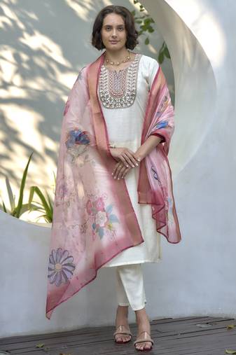 Women's Gorgeous Vatican Embroidery Straight Kurta with Pant And Dupatta Set
