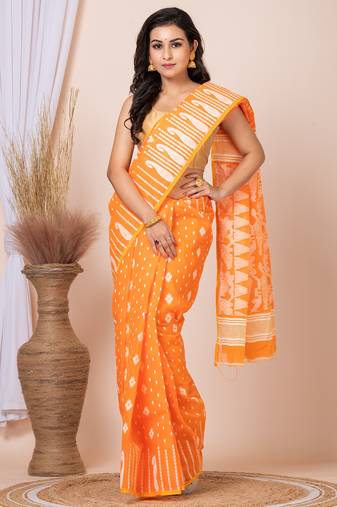 Orange & White jamdani saree