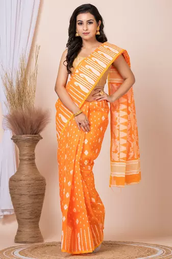 Orange & White jamdani saree