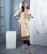 Beige embroidered silk straight cut kurta pants