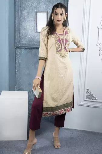 Beige embroidered silk straight cut kurta pants