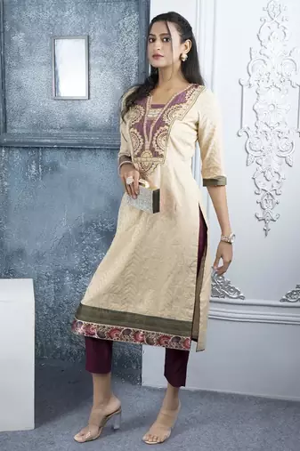 Beige embroidered silk straight cut kurta pants