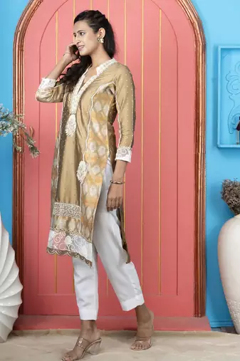 Antique gold embroidered silk straight cut kurta pants