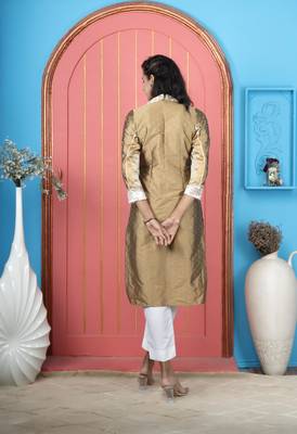 Antique gold embroidered silk straight cut kurta pants 4