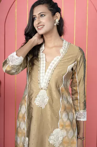 Antique gold embroidered silk straight cut kurta pants