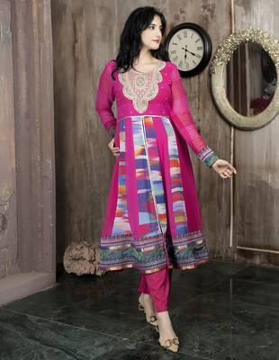 Pink embroidered georgette asymmetrical kurta culottes 1
