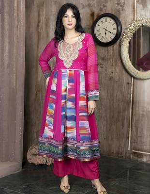 Pink embroidered georgette asymmetrical kurta culottes 2