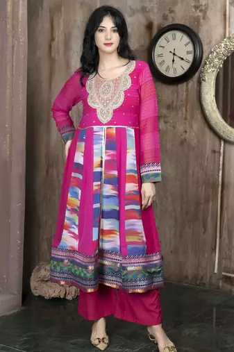 Pink embroidered georgette asymmetrical kurta culottes