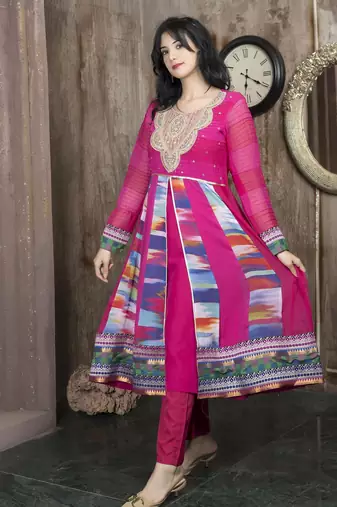 Pink embroidered georgette asymmetrical kurta culottes