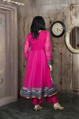 Pink embroidered georgette asymmetrical kurta culottes