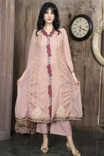 Peach embroidered net anarkali kurta culottes