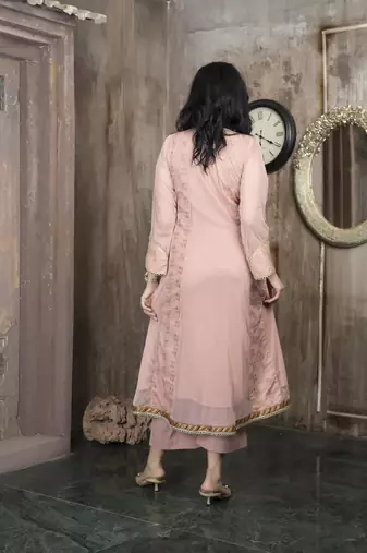 Peach embroidered net anarkali kurta culottes