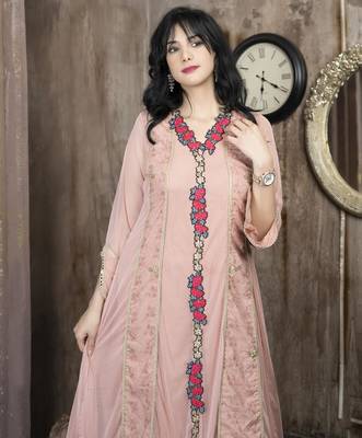 Peach embroidered net anarkali kurta culottes 5