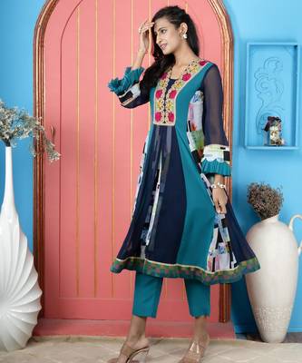Navy-blue embroidered georgette anarkali kurta pants 1