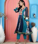 Navy-blue embroidered georgette anarkali kurta pants