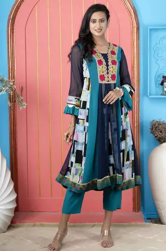 Navy-blue embroidered georgette anarkali kurta pants