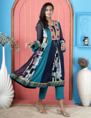 Navy-blue embroidered georgette anarkali kurta pants 3