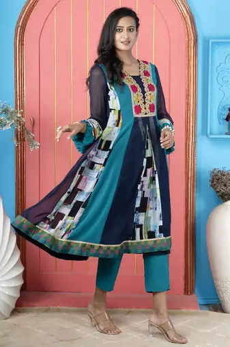 Navy-blue embroidered georgette anarkali kurta pants