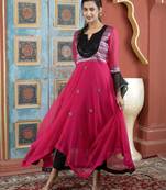 Pink embroidered georgette asymmetrical kurta pants