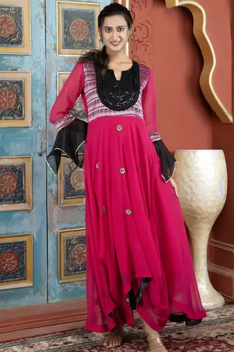 Pink embroidered georgette asymmetrical kurta pants
