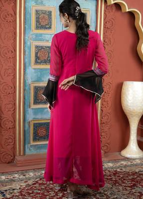 Pink embroidered georgette asymmetrical kurta pants 4