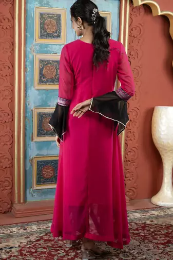 Pink embroidered georgette asymmetrical kurta pants