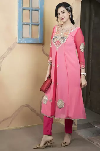 Light-pink embroidered georgette asymmetrical kurta pants