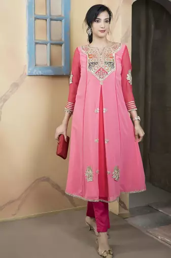 Light-pink embroidered georgette asymmetrical kurta pants