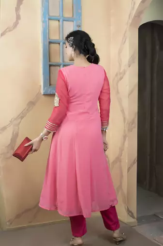 Light-pink embroidered georgette asymmetrical kurta pants