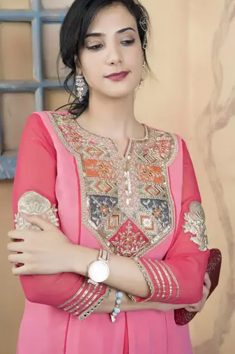 Light-pink embroidered georgette asymmetrical kurta pants