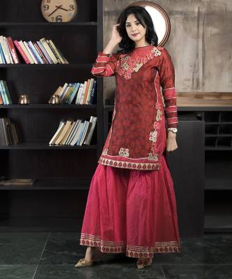 Maroon embroidered silk straight cut kurta sharara 1