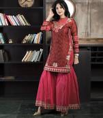 Maroon embroidered silk straight cut kurta sharara