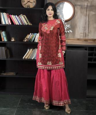 Maroon embroidered silk straight cut kurta sharara 2