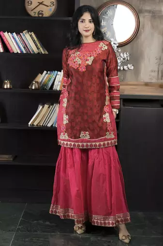Maroon embroidered silk straight cut kurta sharara