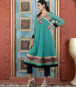 Green embroidered georgette a line kurta pants