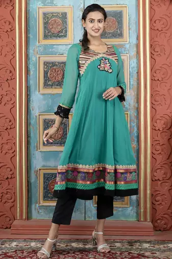 Green embroidered georgette a line kurta pants