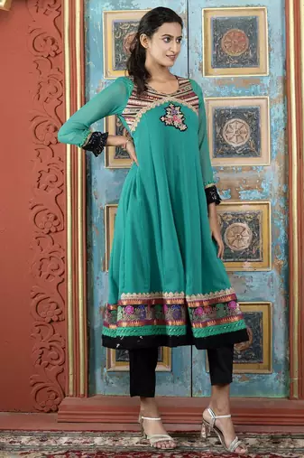 Green embroidered georgette a line kurta pants