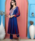 Royal blue embroidered georgette anarkali kurta pants