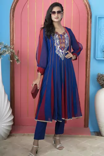 Royal blue embroidered georgette anarkali kurta pants