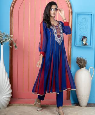 Royal blue embroidered georgette anarkali kurta pants 3