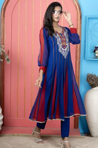 Royal blue embroidered georgette anarkali kurta pants