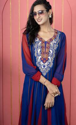 Royal blue embroidered georgette anarkali kurta pants 5