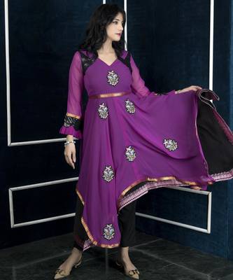 Pink embroidered georgette asymmetrical kurta pants 1