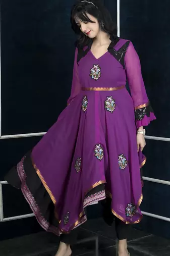 Pink embroidered georgette asymmetrical kurta pants