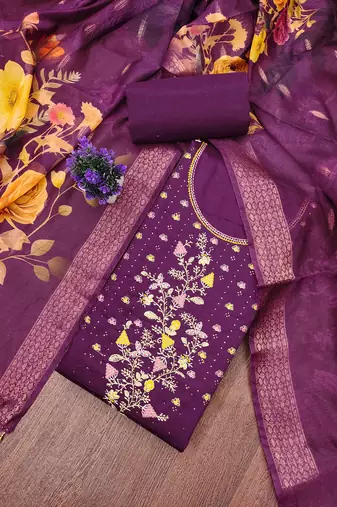 Women's purple unstitched embroiderd jaam sattin cottn dress material 