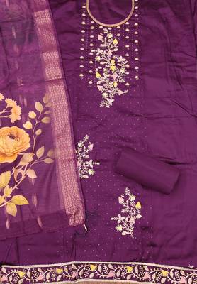 Women's purple unstitched embroiderd jaam sattin cottn dress material  2